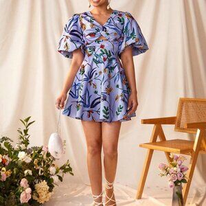 Purple Boho Womens Foral Prints Front Twisted Wrap Cut Out Back Detail Dress